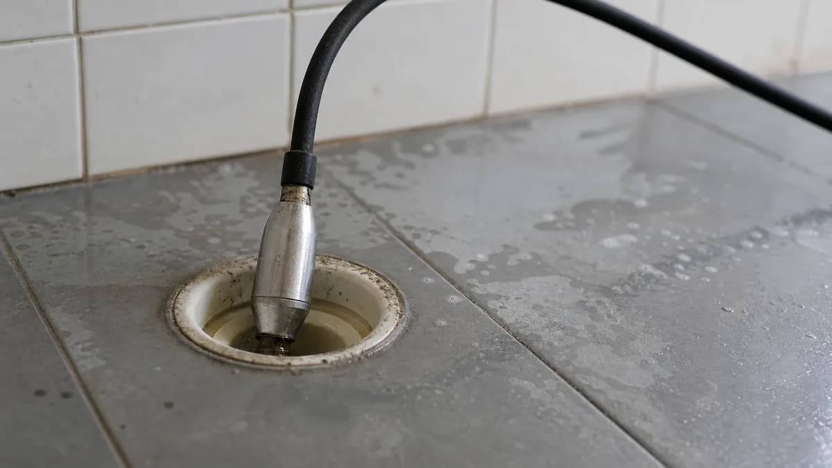 Detailaufnahme einer Rohrspüldüse beim Einführen in einen Abfluss, sichtbarer Wasserdruck, handwerkliche Arbeitsumgebung