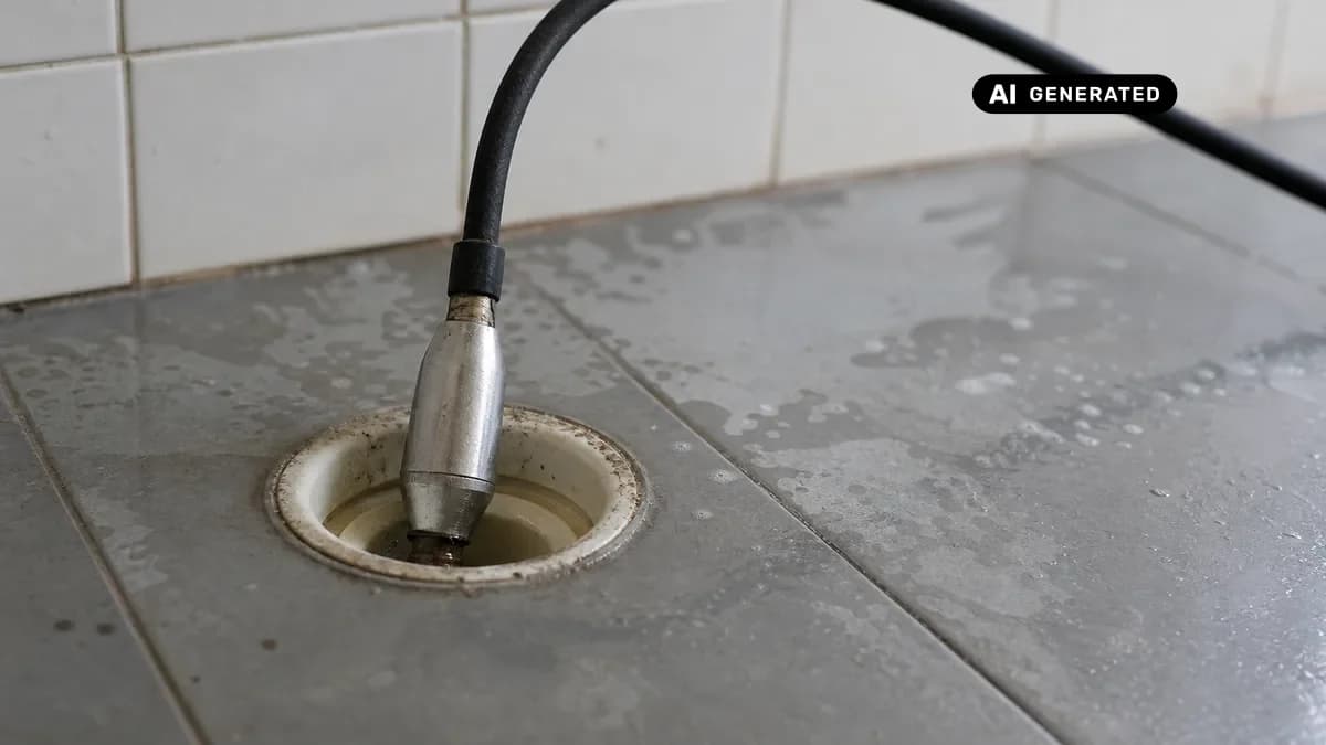 KI-generiertes Bild: Detailaufnahme einer Rohrspüldüse beim Einführen in einen Abfluss, sichtbarer Wasserdruck, handwerkliche Arbeitsumgebung