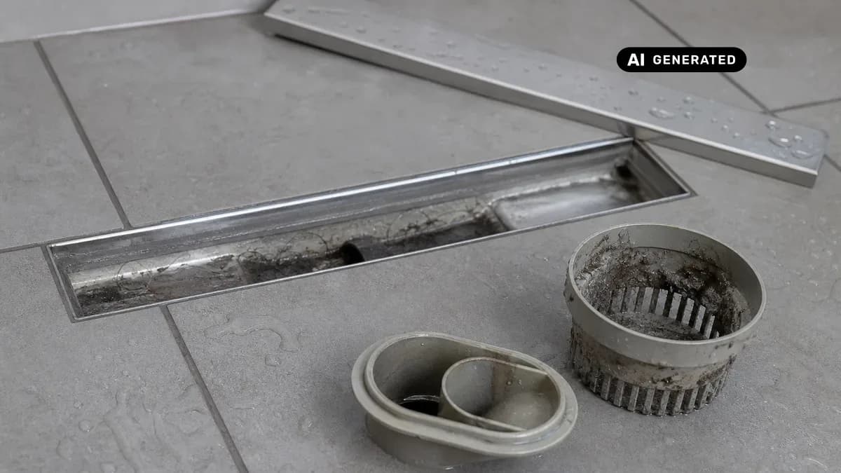 KI-generiertes Bild: Geöffneter Ablauf einer bodengleichen Dusche mit entnommenem Ablaufkorb und Siphon-Einsatz