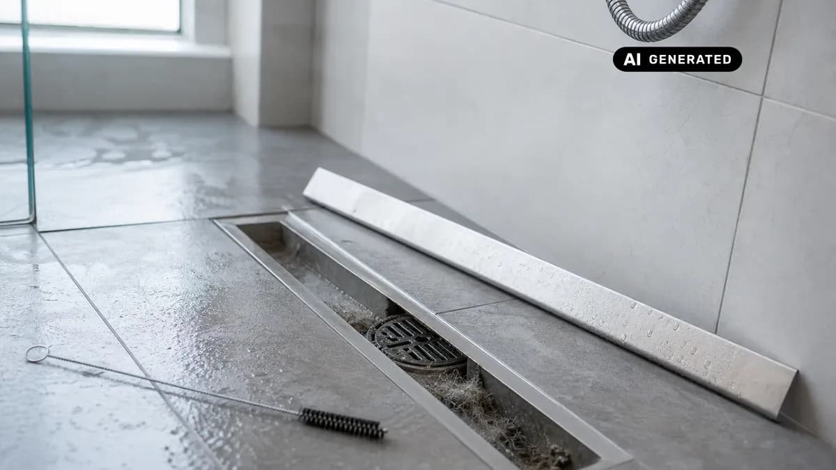 KI-generiertes Bild: Geöffneter Abdeckrost einer ebenerdigen Duschrinne mit freiliegendem Ablaufkasten und danebenliegendem Reinigungswerkzeug