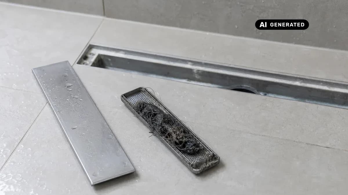 KI-generiertes Bild: Bodengleiche Dusche mit geöffneter Ablaufabdeckung, daneben ein Haarsieb mit sichtbaren Ablagerungen