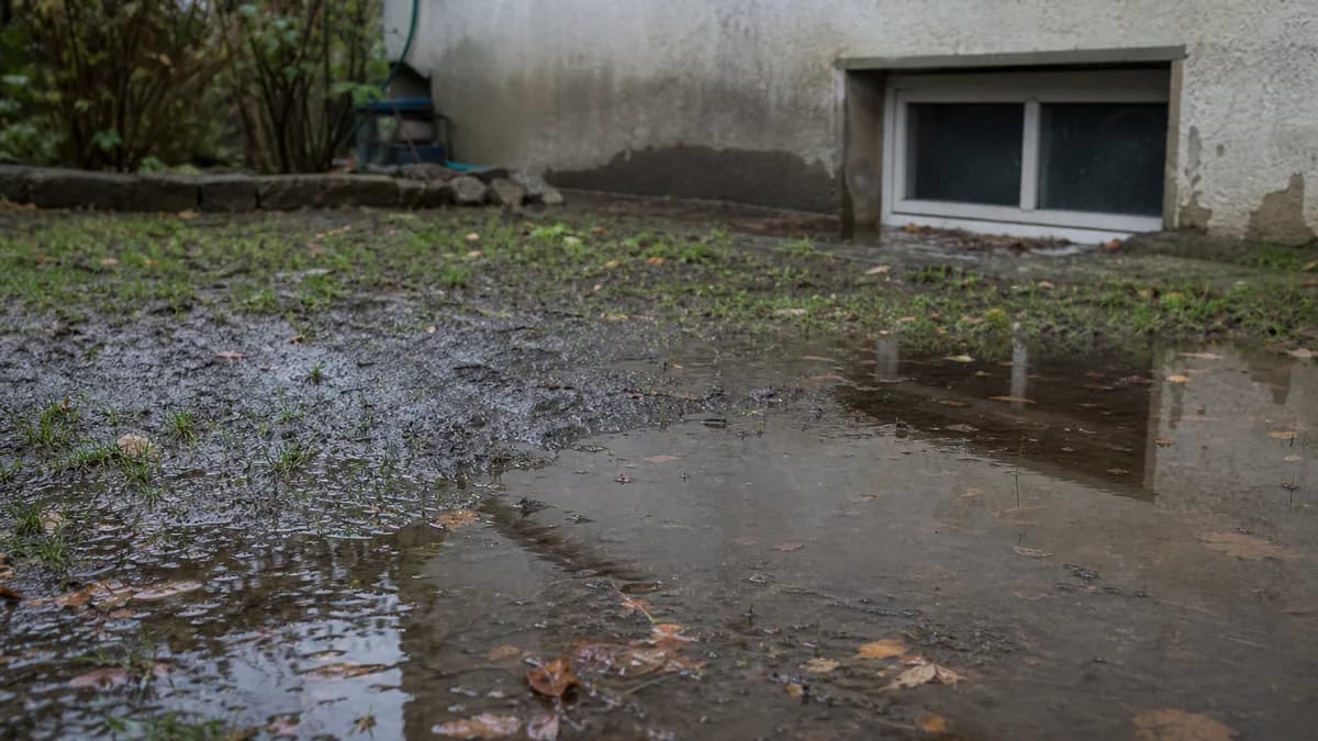 Vernässtes Grundstück mit stehendem Wasser nach Starkregen, feuchte Kellerwand im Bildhintergrund