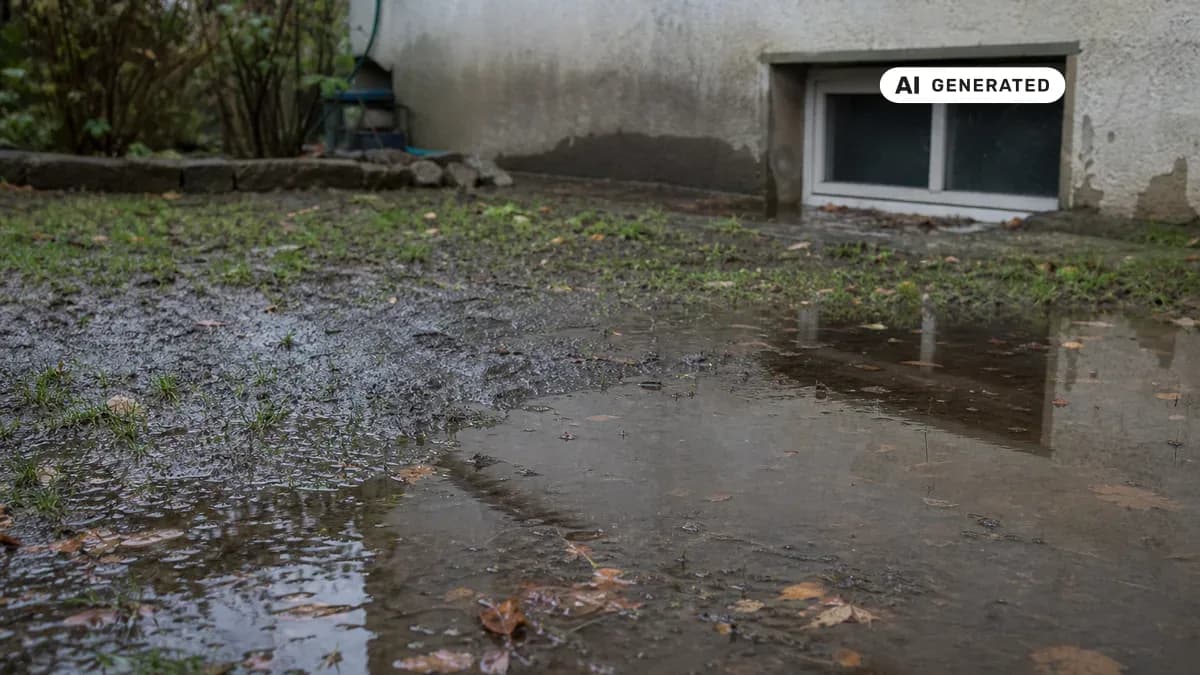KI-generiertes Bild: Vernässtes Grundstück mit stehendem Wasser nach Starkregen, feuchte Kellerwand im Bildhintergrund