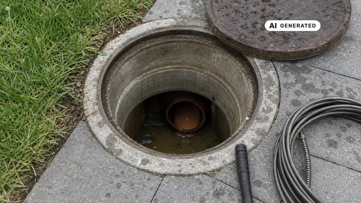 KI-generiertes Bild: Geöffneter Revisionsschacht im Vorgarten eines Einfamilienhauses mit Blick auf das Abwasserrohr, daneben Werkzeug für die Kanalinspektion