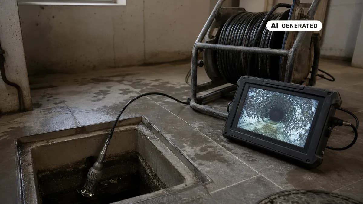 KI-generiertes Bild: Fachkraft führt eine Kanal-TV-Kamera in einen offenen Revisionsschacht im Keller eines Einfamilienhauses ein, daneben zeigt ein Monitor das Live-Bild aus der Abwasserleitung