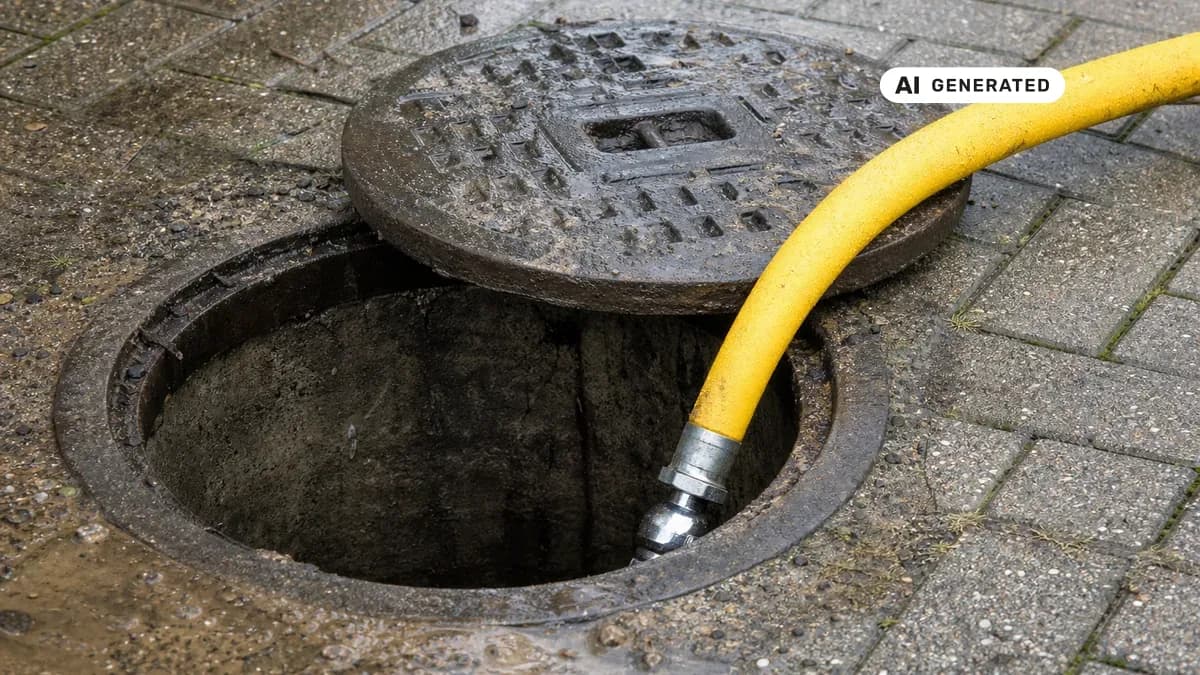 KI-generiertes Bild: Monteur führt bei einer Kanalreinigung einen Hochdruckspülschlauch in einen geöffneten Revisionsschacht ein