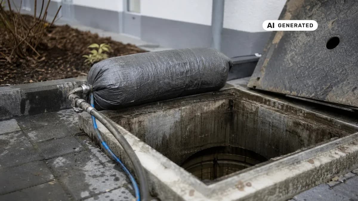 KI-generiertes Bild: Kurzliner-Sanierung: Fachkraft bringt über einen Revisionsschacht einen Packer mit harzgetränktem Liner in die Grundleitung eines Einfamilienhauses ein