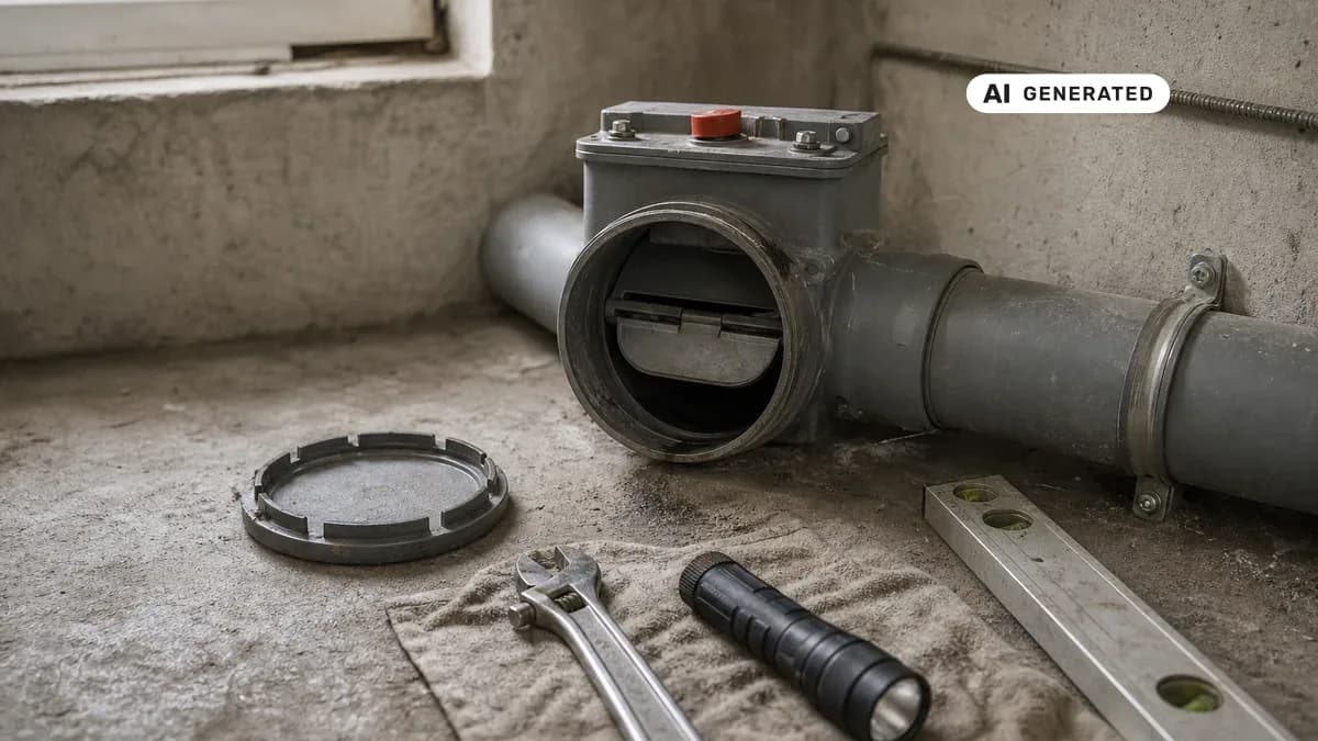 KI-generiertes Bild: Offener Rückstauverschluss in einer horizontal verlaufenden Abwasserleitung im Kellerboden, daneben der abgenommene Revisionsdeckel und Werkzeug eines Rohrtechnikers