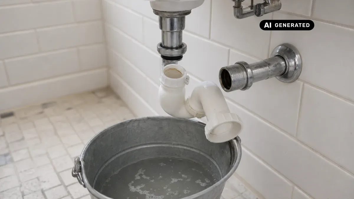 KI-generiertes Bild: Hände demontieren einen Kunststoff-Siphon unter einem Waschbecken, darunter ein Eimer für das Restwasser