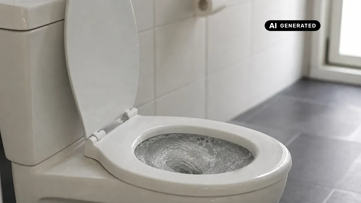KI-generiertes Bild: Seitenansicht einer Toilette beim Abspülen – Symbolbild für gluckernde Geräusche aus dem Abfluss ohne erkennbare Verstopfung