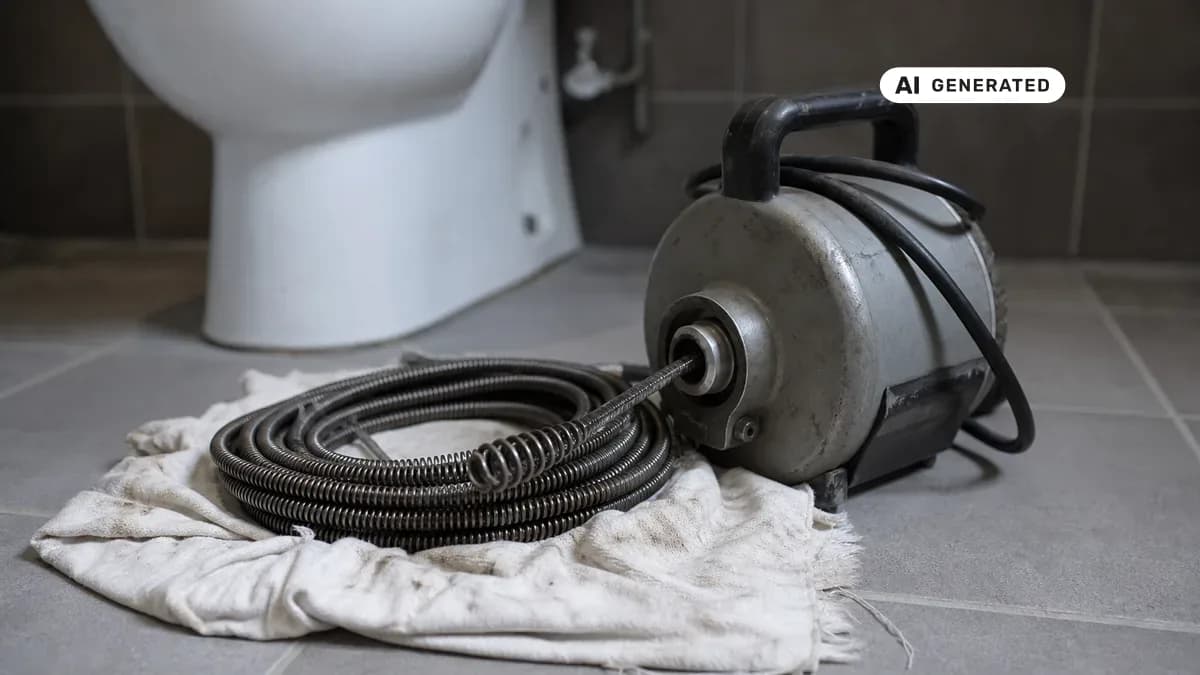 KI-generiertes Bild: Fachkraft führt elektromechanische Rohrreinigung mit Spirale an einem Hausanschluss durch