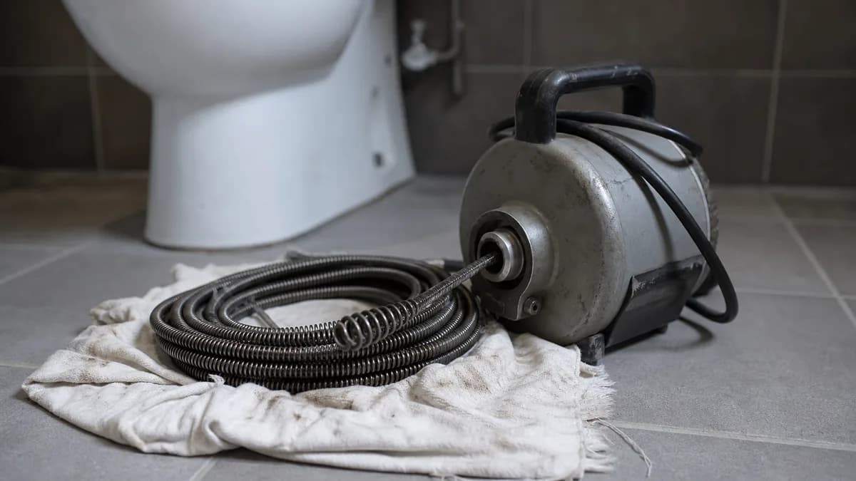 Fachkraft führt elektromechanische Rohrreinigung mit Spirale an einem Hausanschluss durch