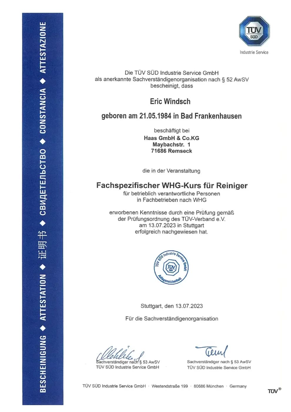Bescheinigung einer geprüften Fachqualifikation – Eric Windsch