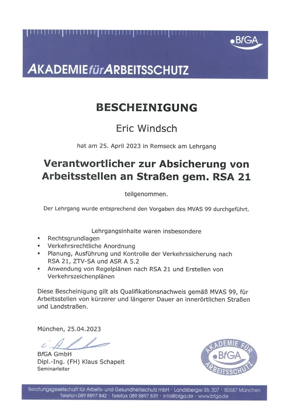 Bescheinigung Verantwortlicher zur Absicherung von Arbeitsstellen an Straßen (RSA 21) – Eric Windsch
