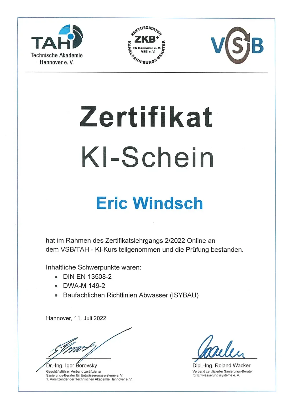 Zertifikat KI-Schein (Kanalinspektion) – Eric Windsch