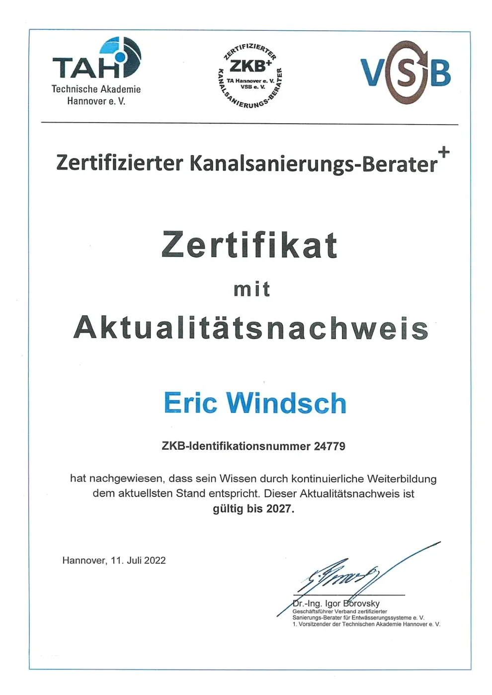 Zertifikat Kanalsanierungs-Berater, Aktualitätsnachweis – Eric Windsch