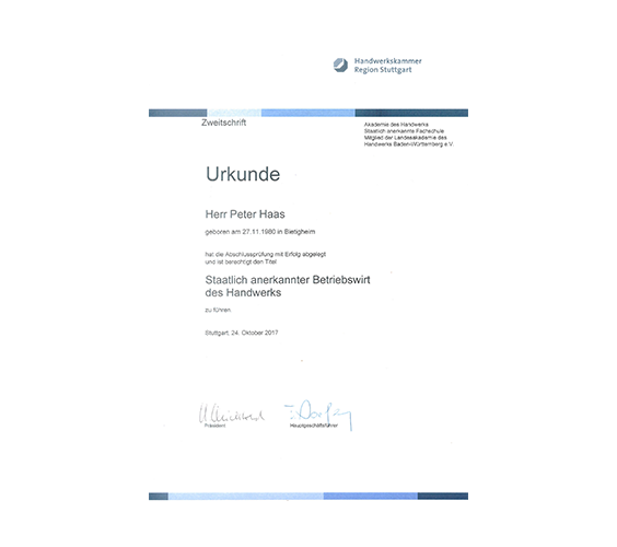  Zertifikat Haas Stuttgart, Ludwigsburg & Region